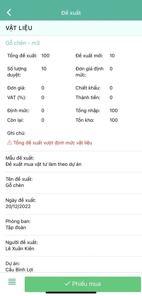 Mẫu đề xuất mua/ đề nghị thanh toán vật tư trực tuyến trên app di động