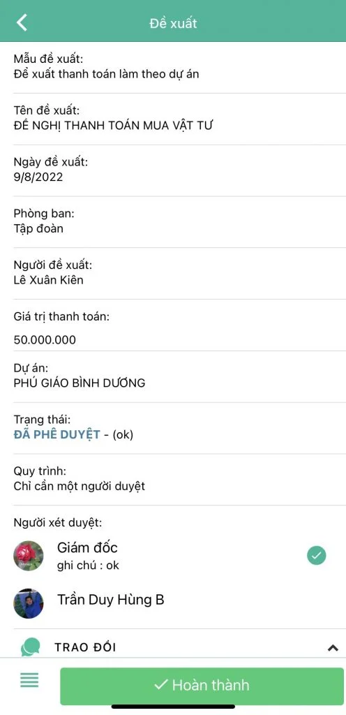 Mẫu đề xuất mua/ đề nghị thanh toán vật tư trực tuyến trên app di động