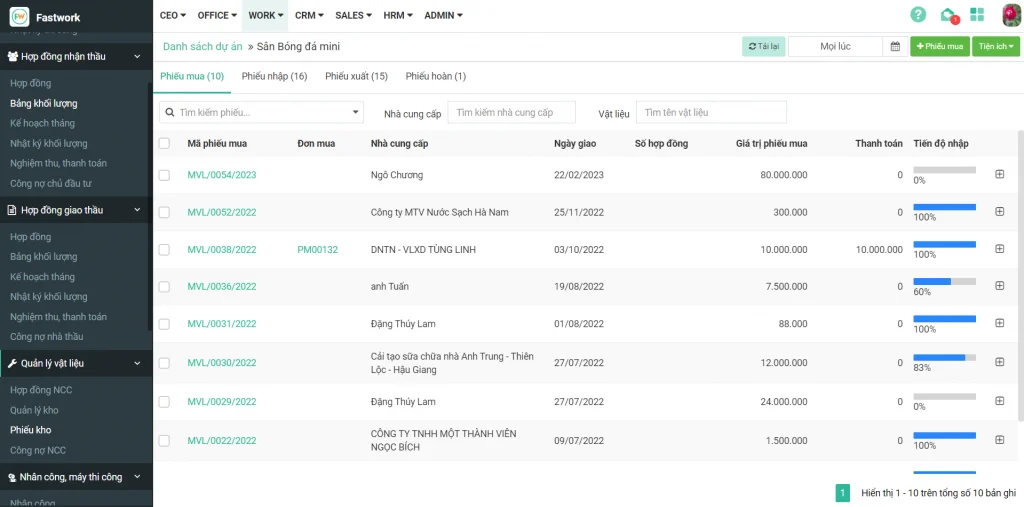 FastCons quản lý chi tiết các phiếu mua - nhập - xuất - hoàn vật tư
