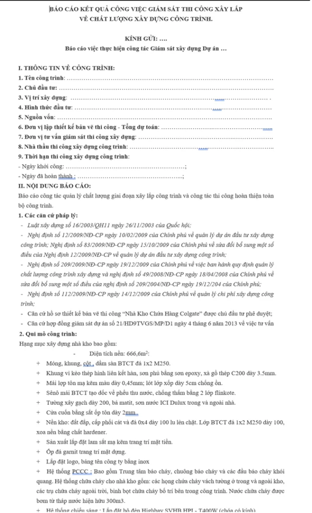 Mẫu báo cáo giám sát thi công xây lắp
