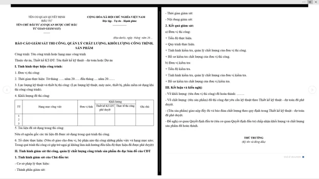 Mẫu báo cáo giám sát khối lượng, chất lượng công trình