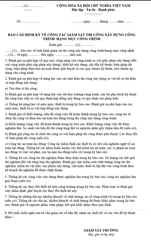 Mẫu báo cáo định kỳ giám sát thi công