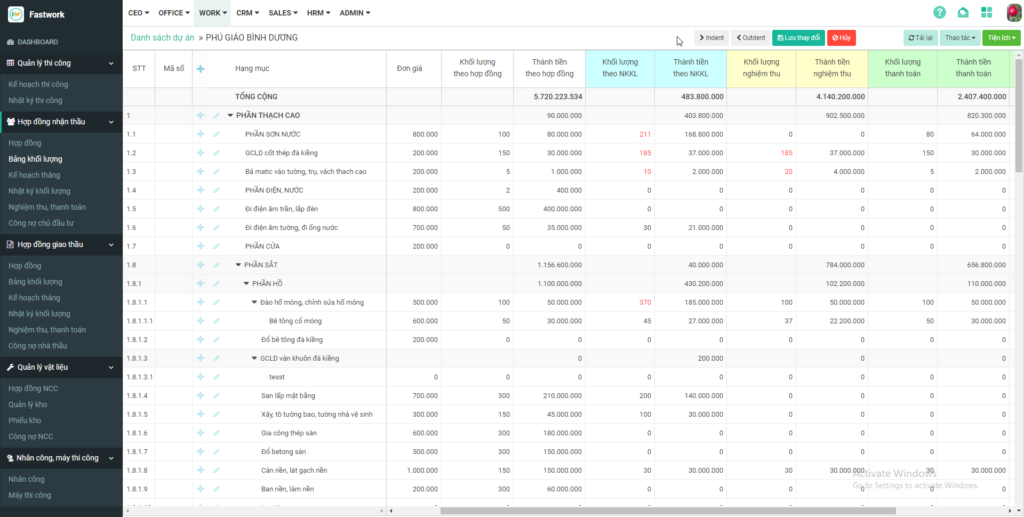 Giao diện quản lý khối lượng thi công trên phần mềm FastCons