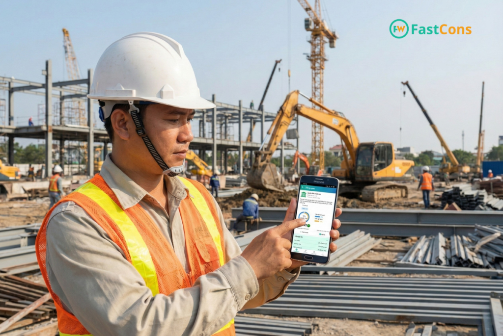 Kỹ sư sử dụng phần mềm tại công trường trên FastCons