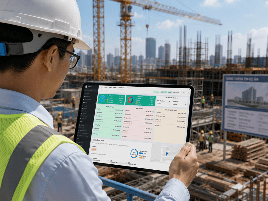 Kỹ sư sử dụng phần mềm tại công trường trên FastCons